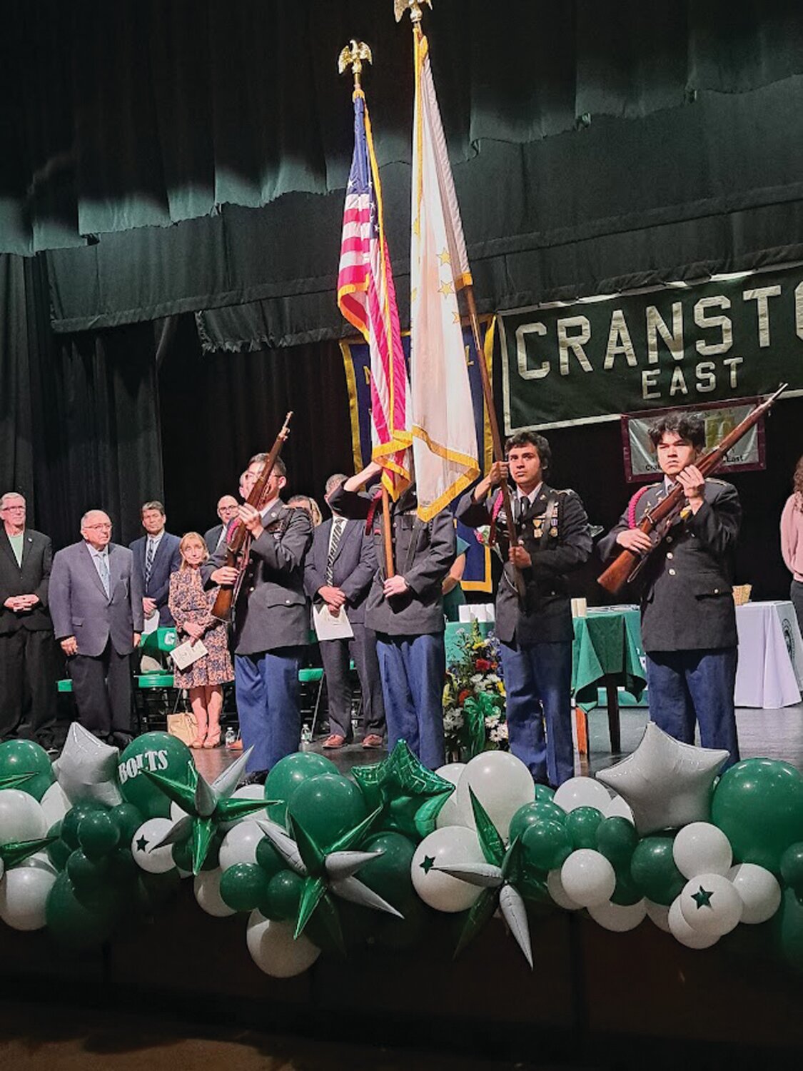 STANDING TOGETHER: JROTC presents the colors as the National Anthem is sung. (Photos courtesy of Cranston Public Schools)